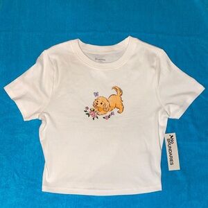 No Boundaries White Tee with Playful Puppy and Floral Graphic
